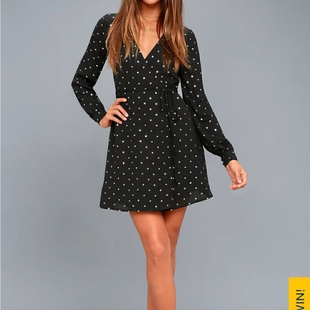 Lulus wondering soul gold and black Polka dot mini dress
